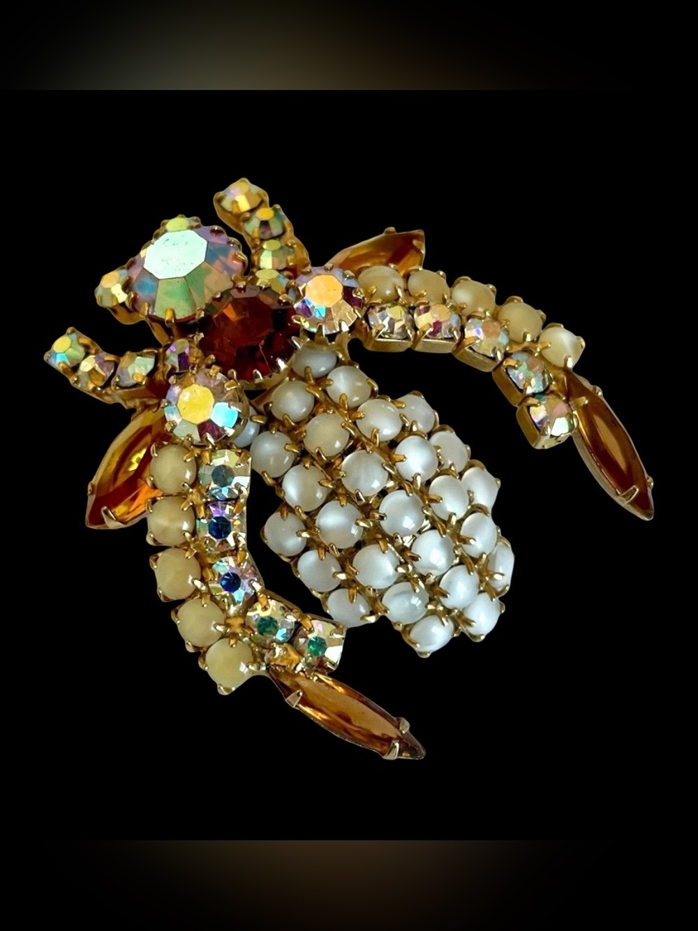 Vintage Mid-Century Goldtone Bee Brooch With Milk Glass And AB Rhinestones